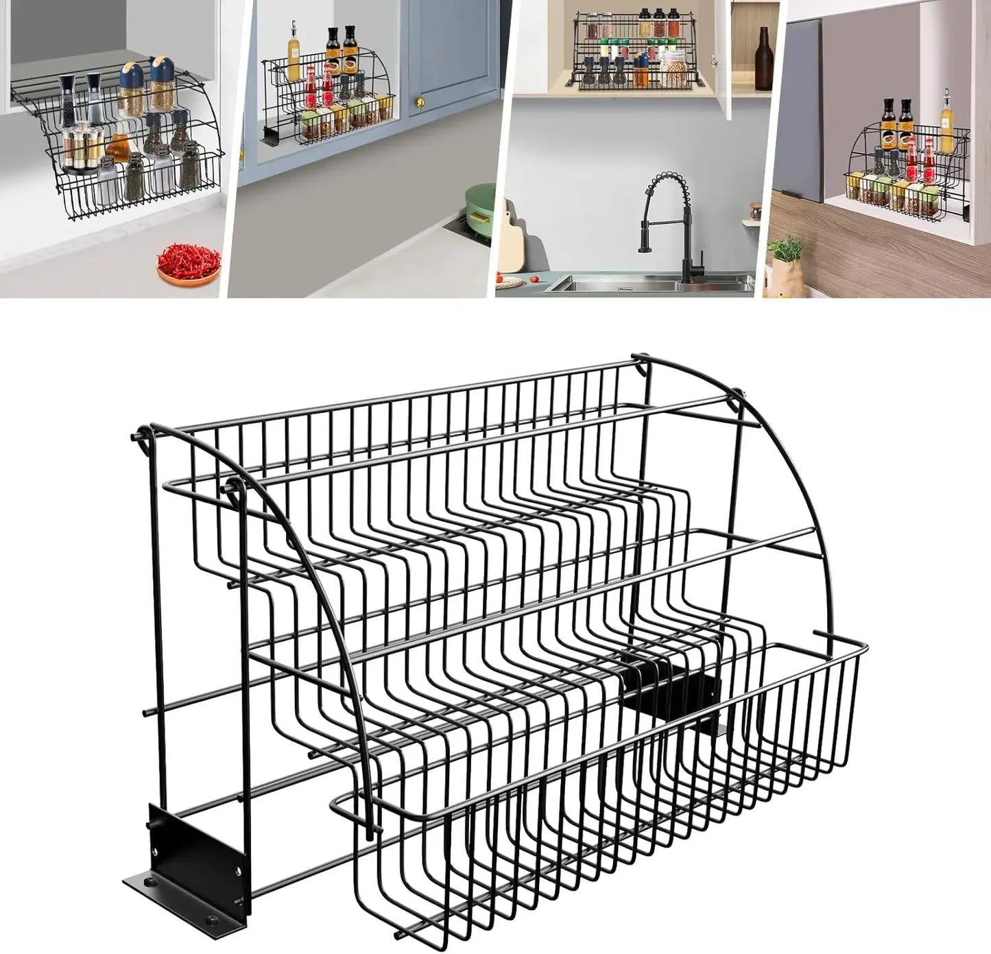 Bymaocar Three Tier Adjustable Pull Down Spice Rack Kitchen Storage