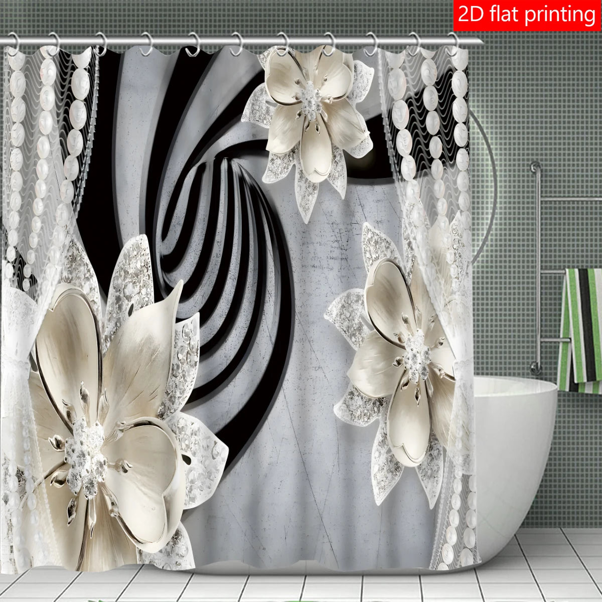 Diamond Flower Shower Curtain Decoration Set Polyester Waterproof Home Decor