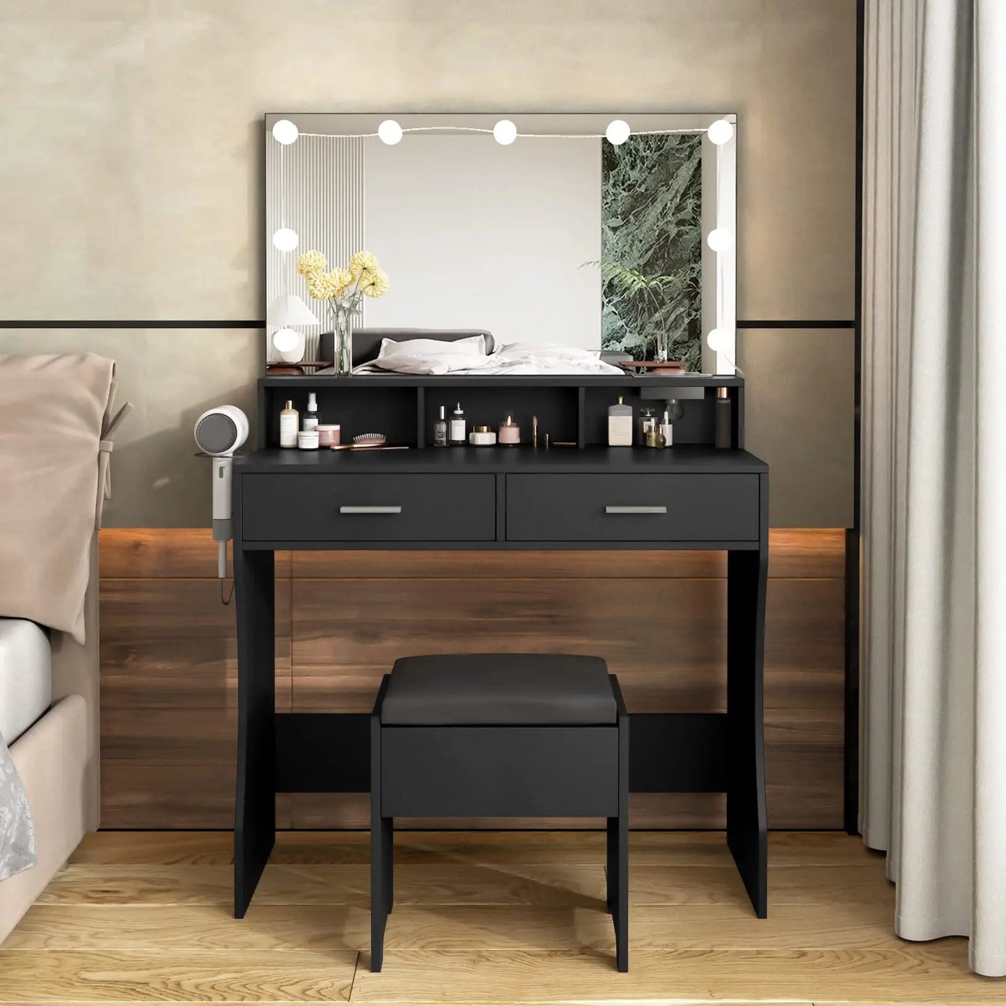 Vabches Vanity Desk With Lights Mirror And Power Outlet 2Drawer