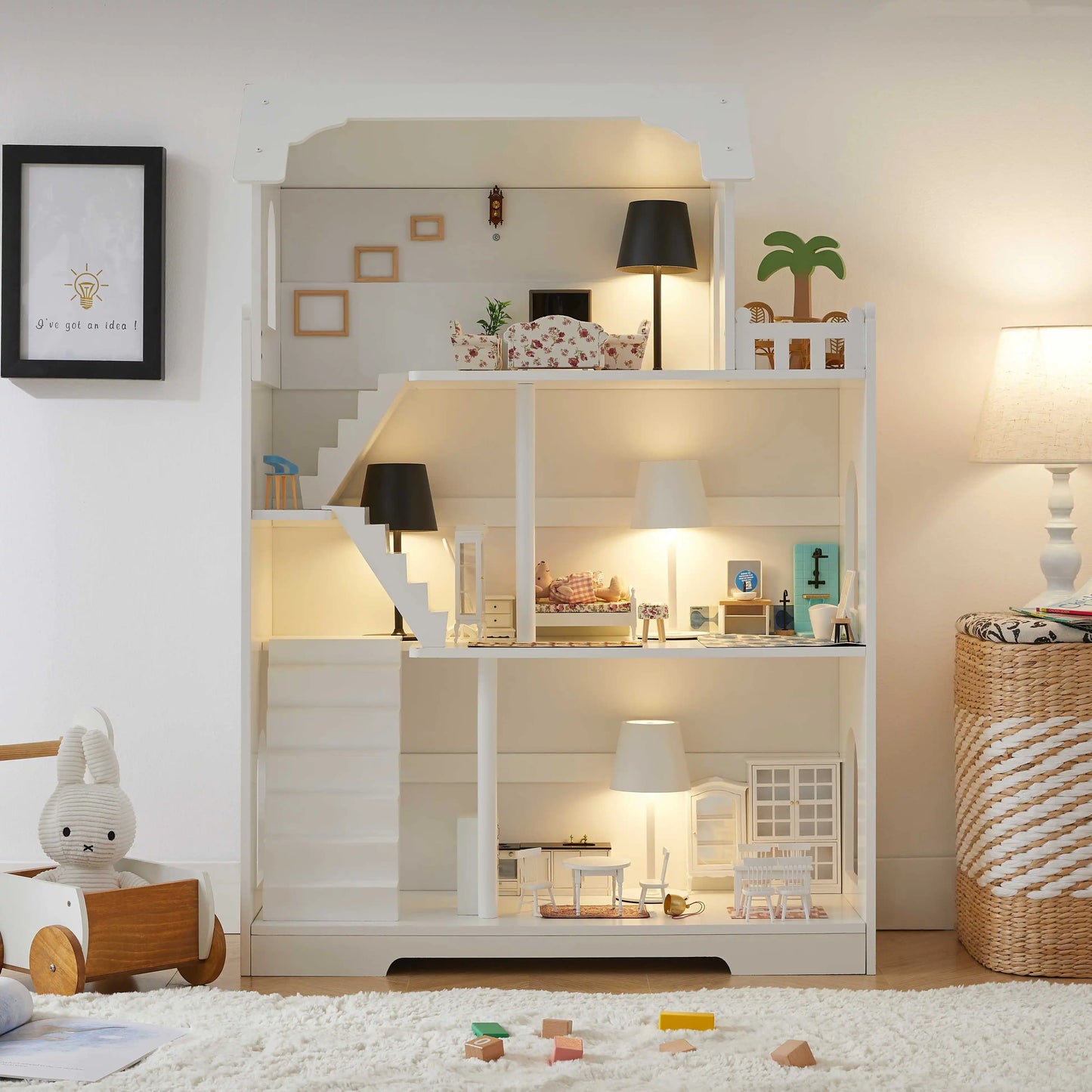 Wooden Dollhouse Bookshelf 3 Tier Toy Storage Organizer For Kids