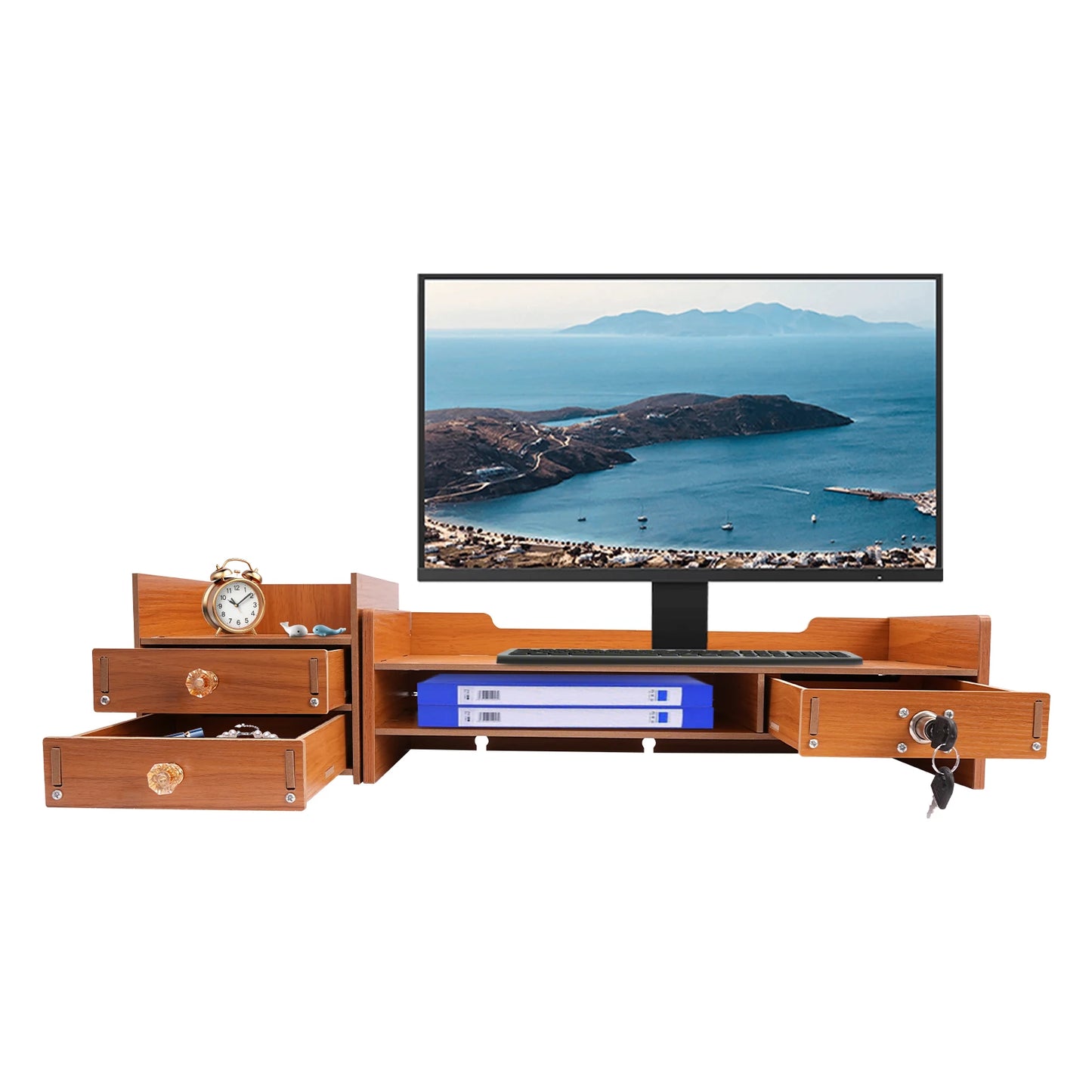 Wood Monitor Stand Riser 2-Tier Drawer for PC Desk Ergonomic