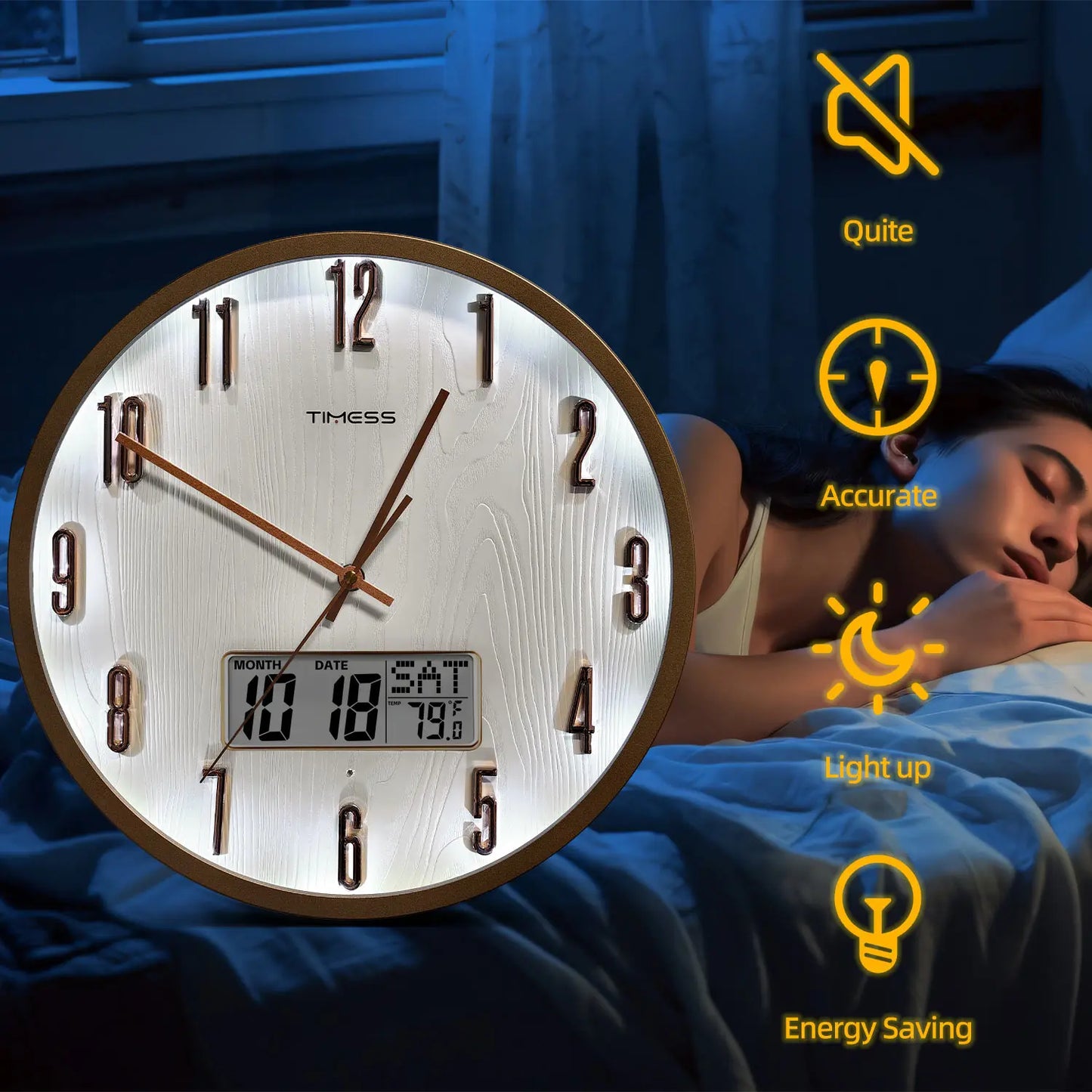 TIMESS Luminous Voice Activated Wall Clock With Night Light