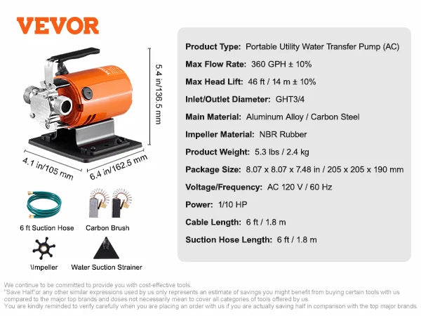 SucceBuy Water Transfer Pump 120V 360 GPH Portable Electric Pump