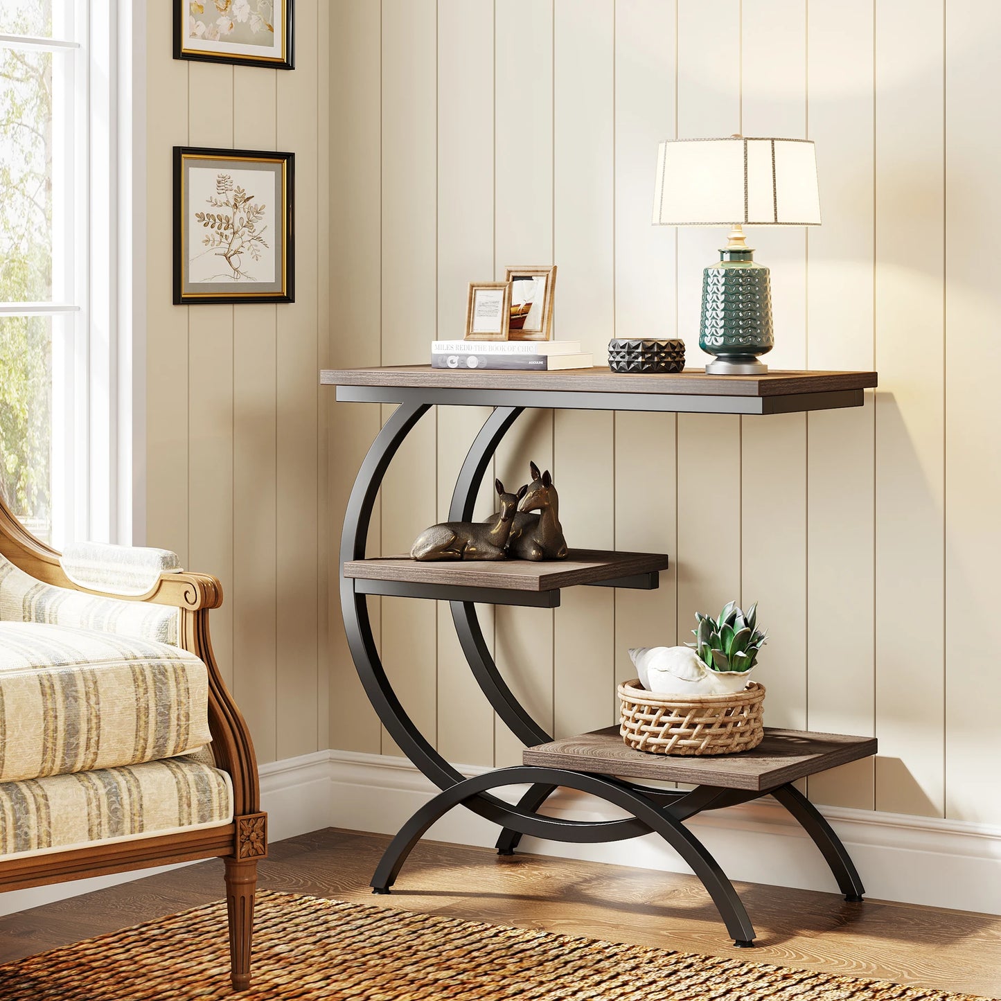 Tribesigns Industrial 3 Tier C Shaped End Table with Storage