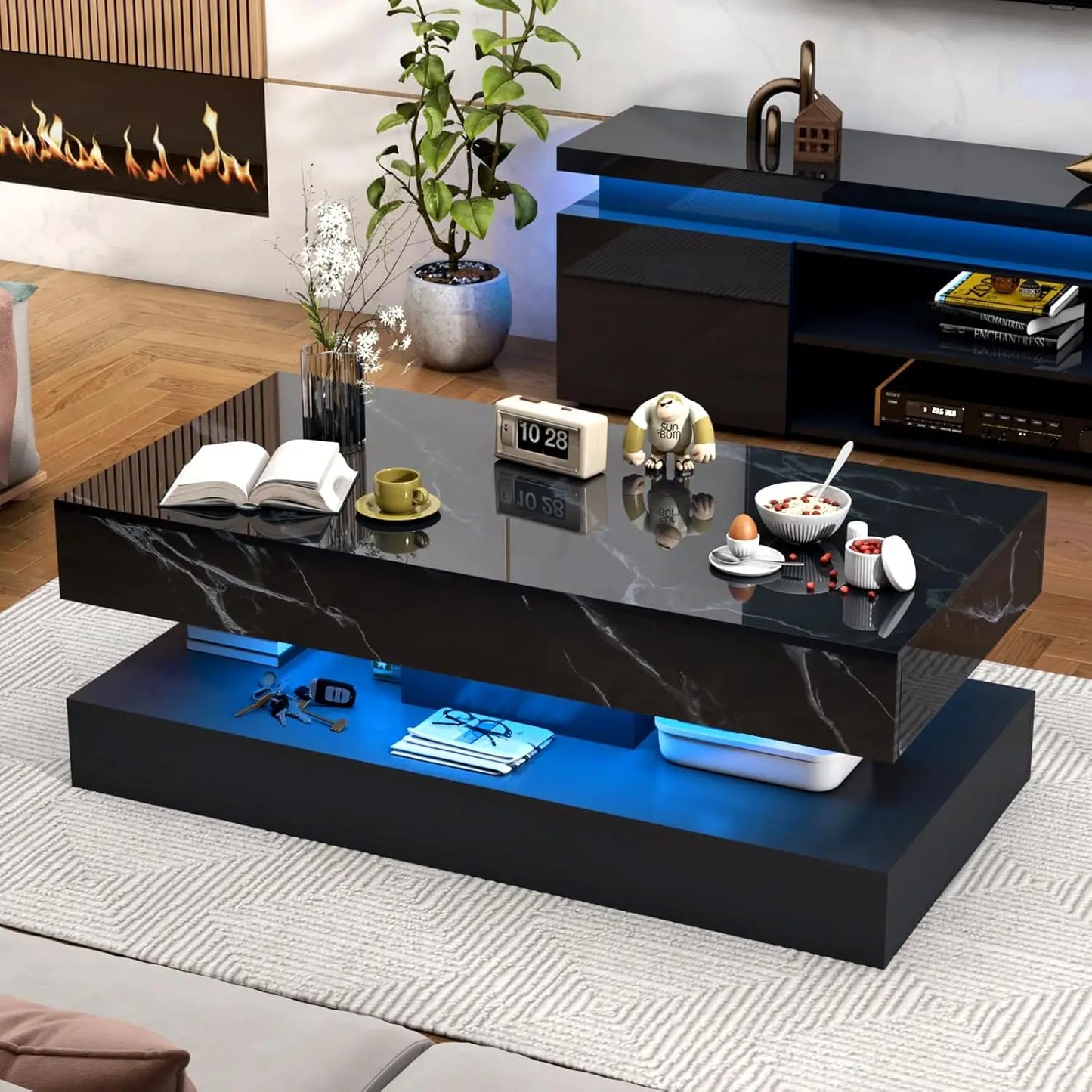QiaoShiRen Modern LED Coffee Table With Double Drawers