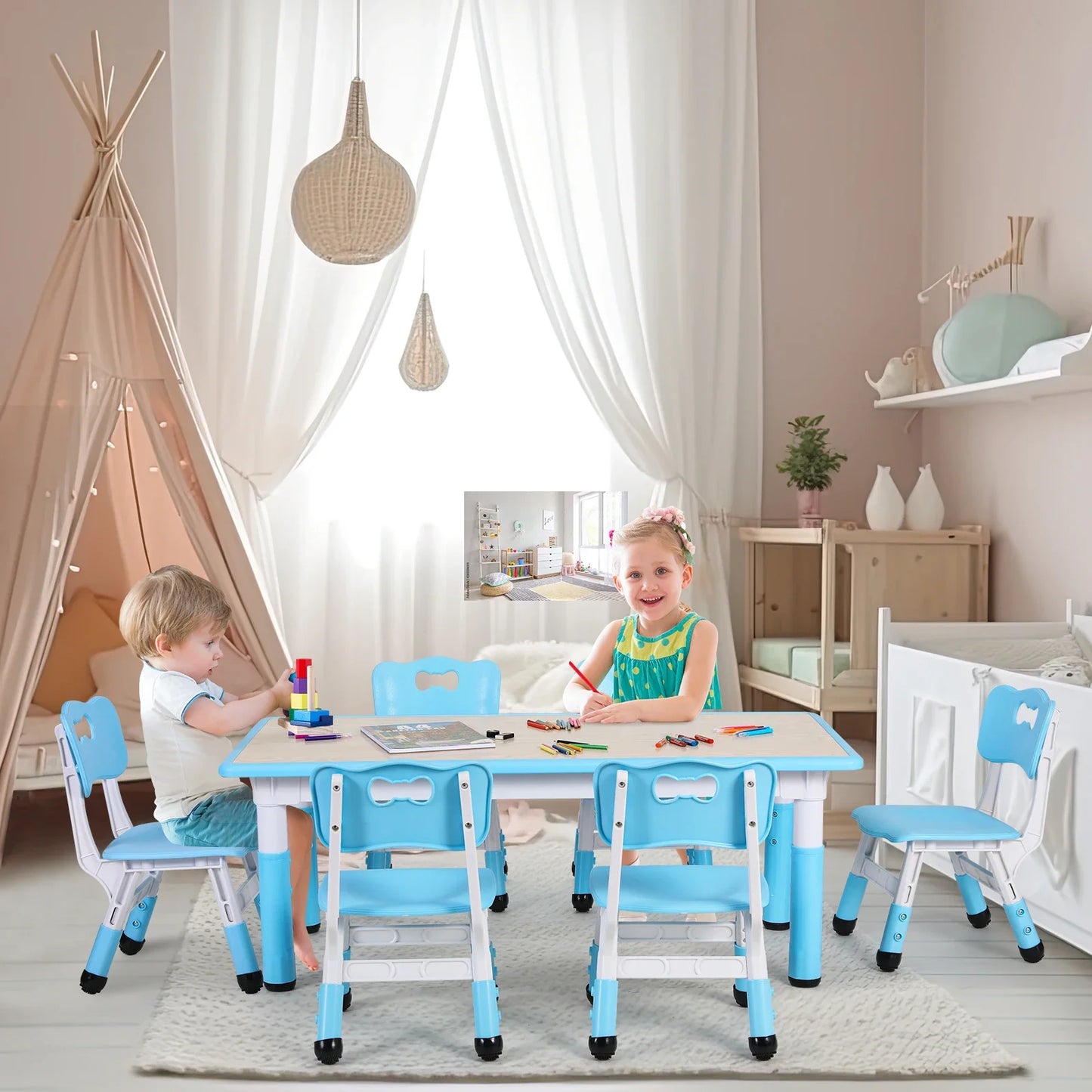 AuAg Kids Table 6 Chairs Set Height Adjustable Arts Desk