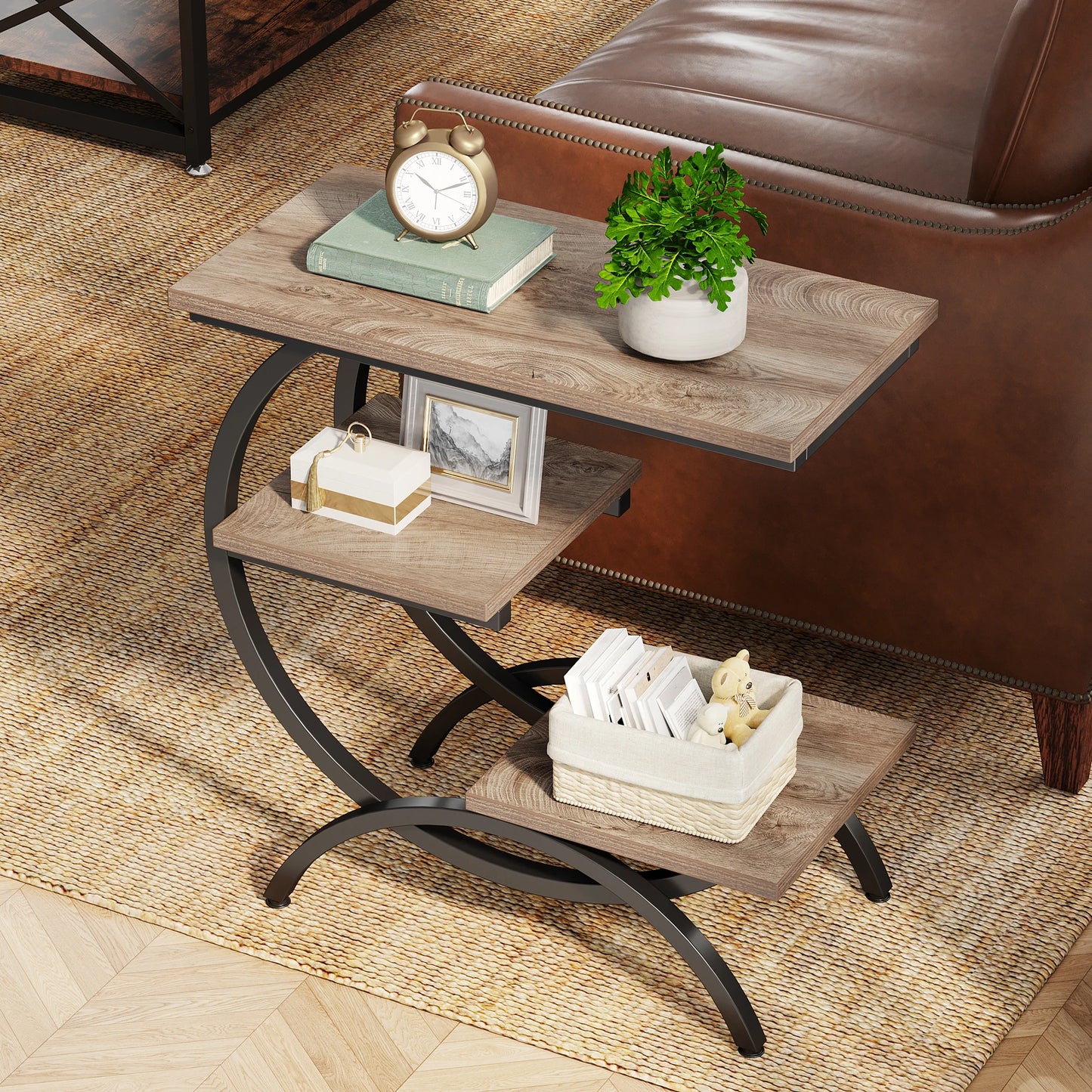 Tribesigns Industrial 3 Tier C Shaped End Table with Storage