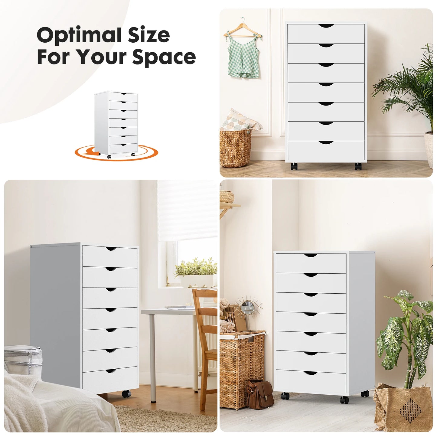 JHK Wooden 7 Drawer Chest Nightstand Storage Cabinet On Wheels