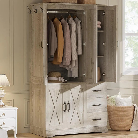 Large Capacity Wardrobe Armoire With Five Doors And Three Drawers