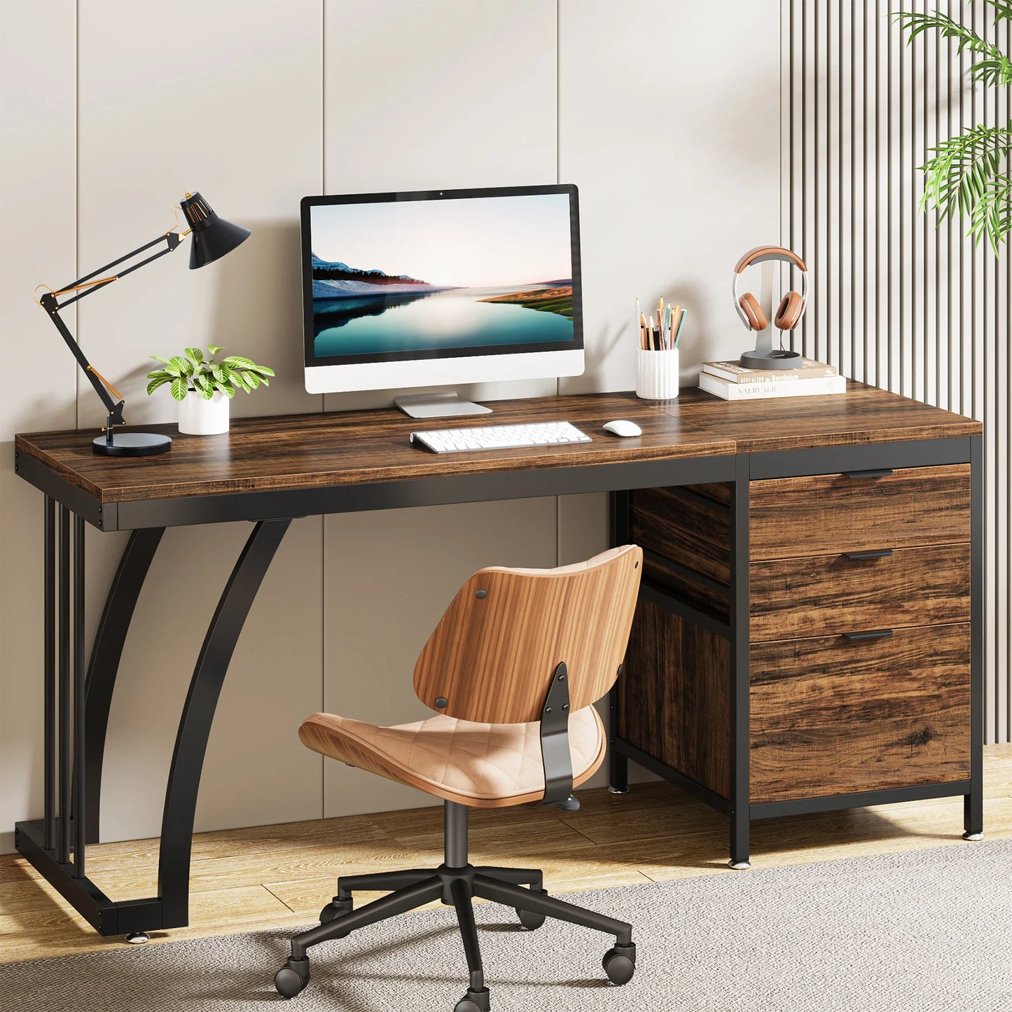 Tribesigns Industrial Computer Desk With 3 Drawers And Reversible Setup