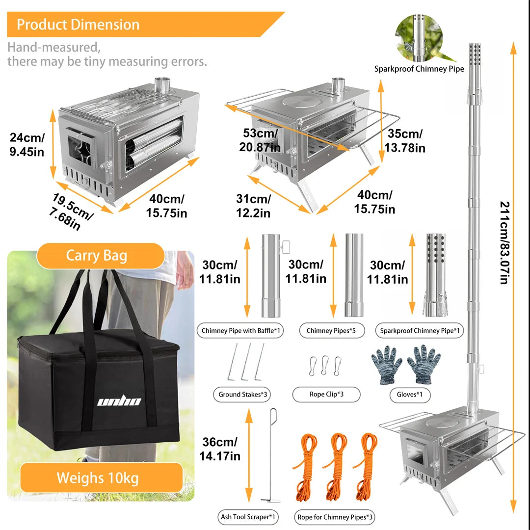 Portable Wood Burning Stove With Stainless Chimney Pipes Outdoor Cooking