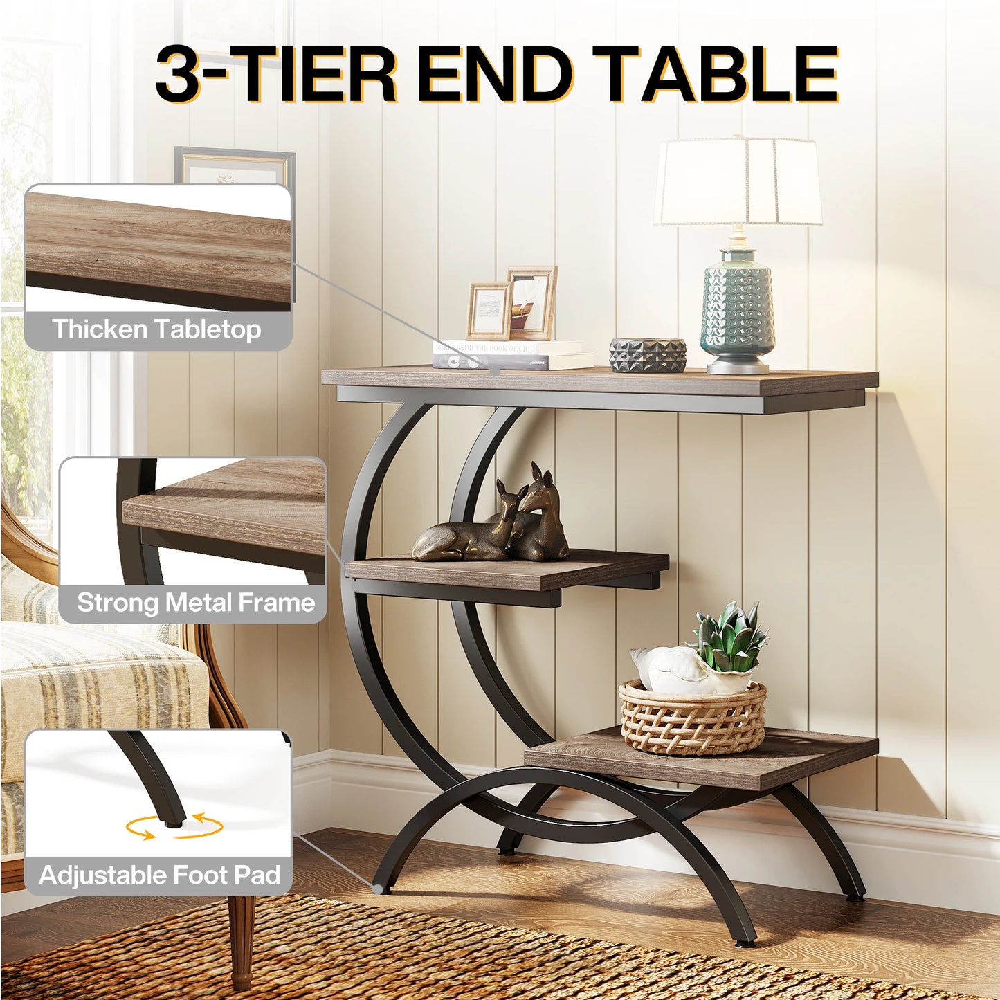 Tribesigns Industrial 3 Tier C Shaped End Table with Storage