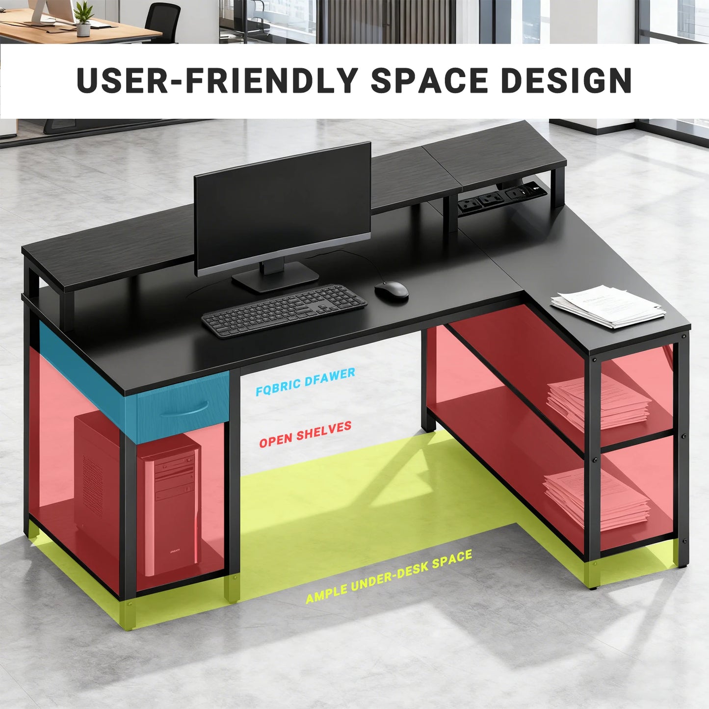 JHK L Shaped Gaming Desk With USB And LED Lighting