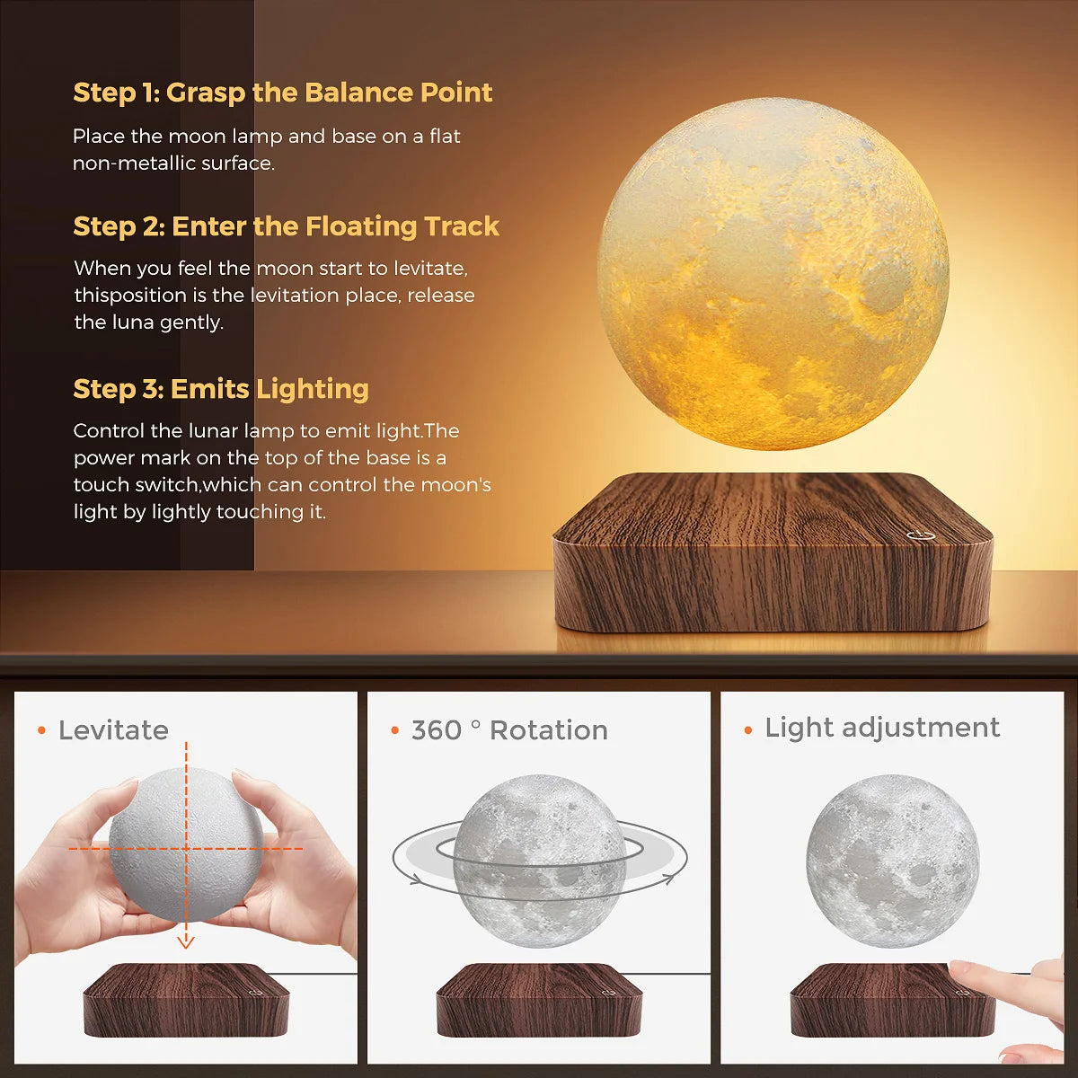 Mexllex Magnetic Floating Moon Lamp Wooden Base And 3 LEDs