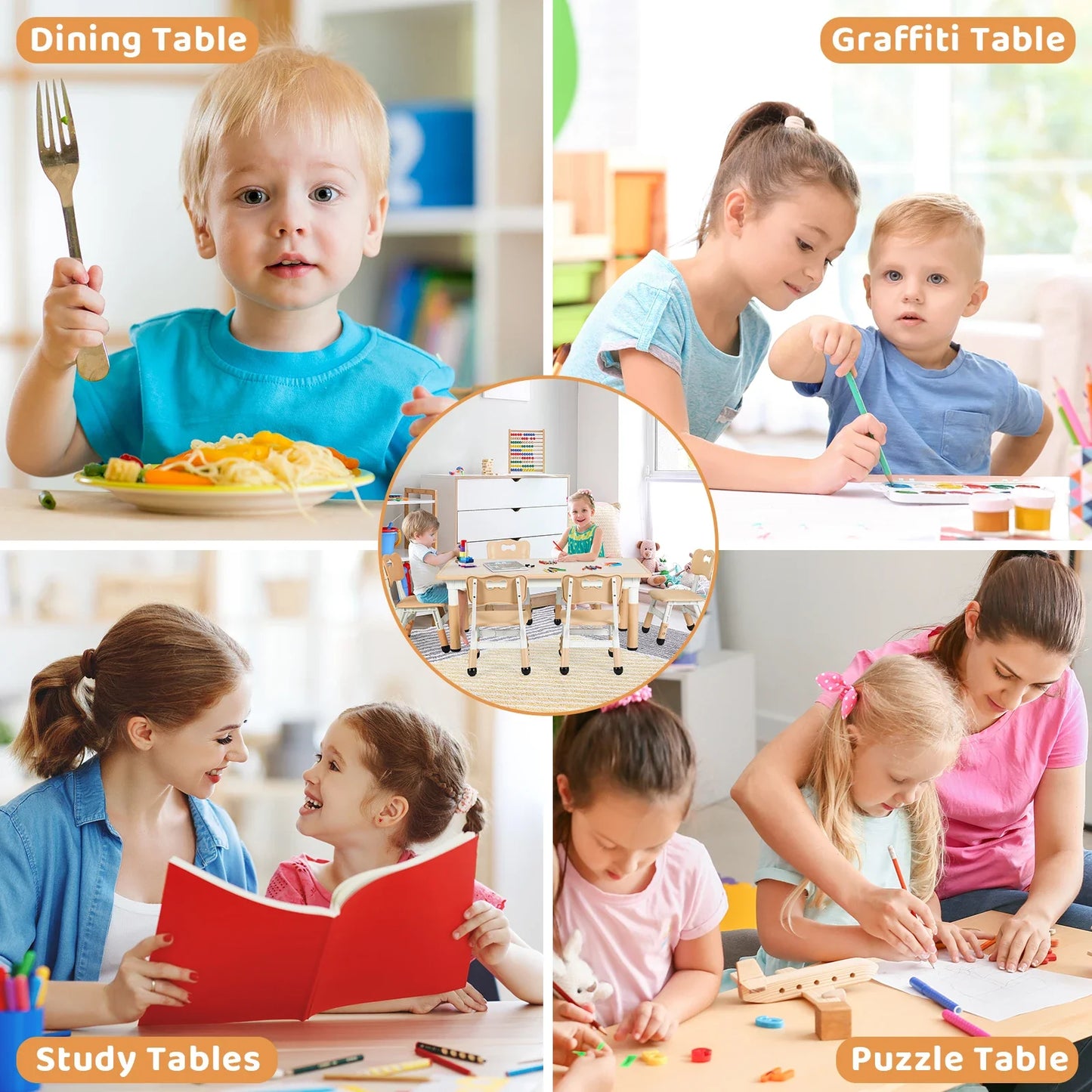 AuAg Kids Table 6 Chairs Set Height Adjustable Arts Desk