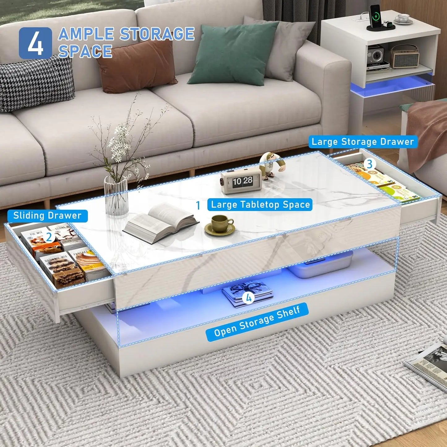 QiaoShiRen Modern LED Coffee Table With Double Drawers