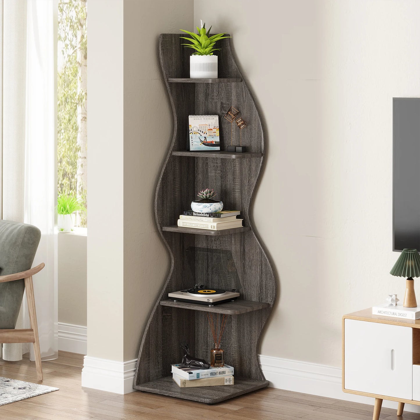 Tribesigns 5 Tier Corner Shelf Wall Bookshelf Plant Stand