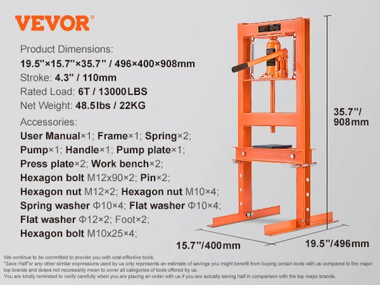 SucceBuy H Frame Hydraulic Shop Press 6T For Garage Workshop