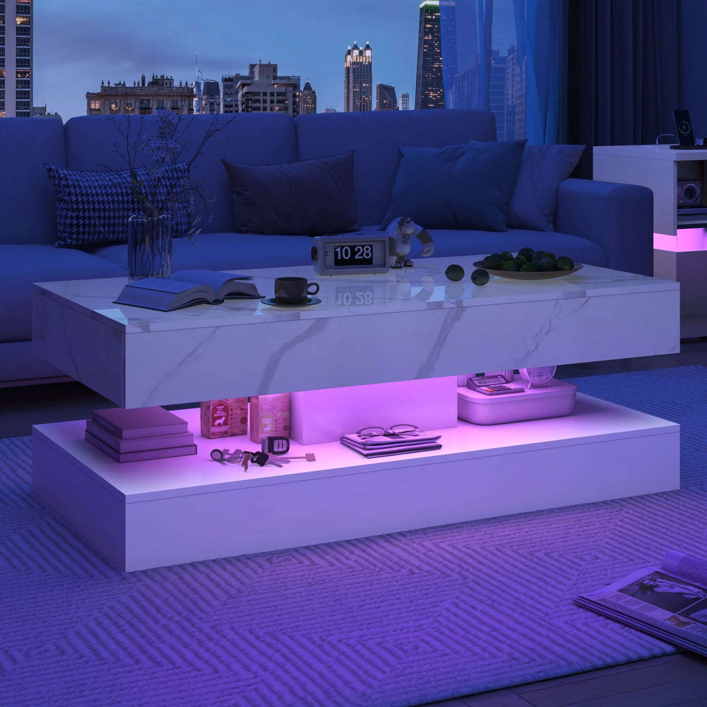 QiaoShiRen Modern LED Coffee Table With Double Drawers