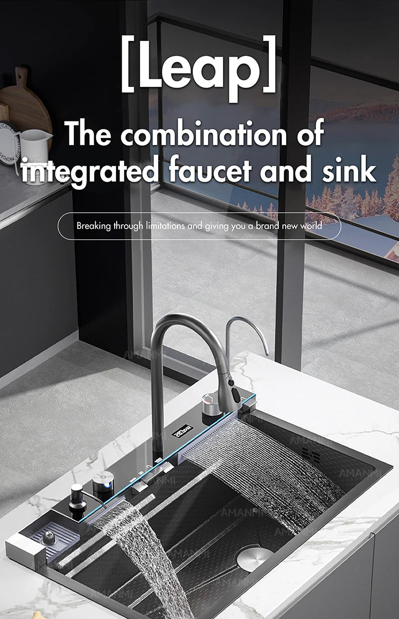 MYQualife 304 Stainless Steel Waterfall Kitchen Sink Digital Display Faucet