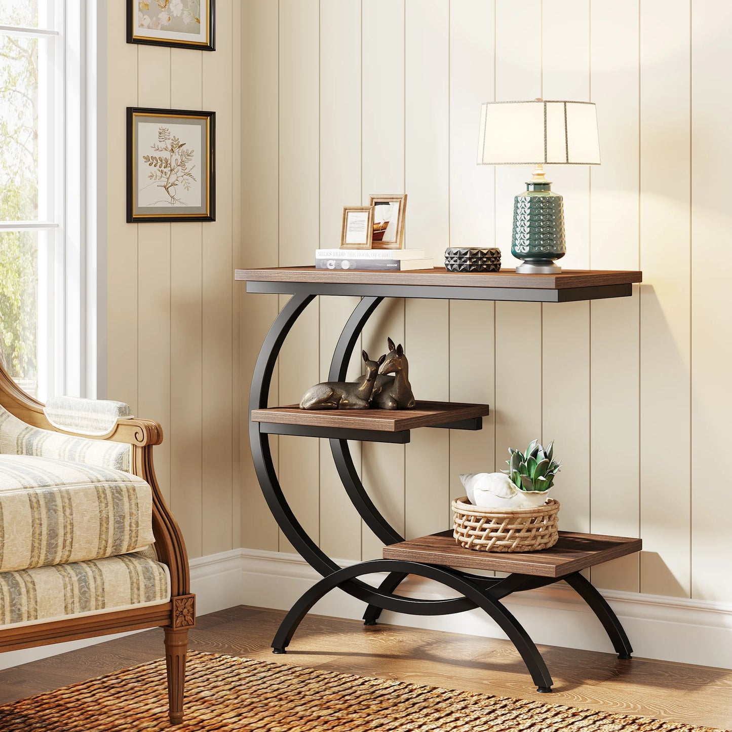 Tribesigns Industrial 3 Tier C Shaped End Table with Storage