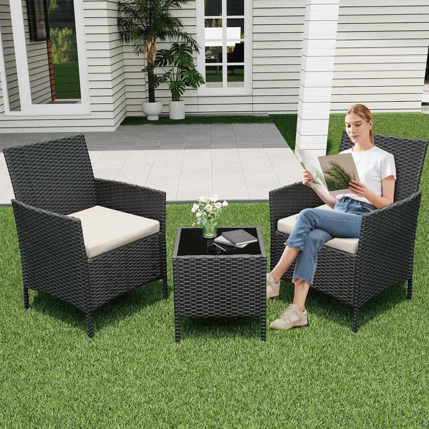 3-Piece Wicker Patio Sofa Set, All-Weather Rattan Conversation Set With Cushions & Glass Coffee Table For Garden, Porch, Lawn