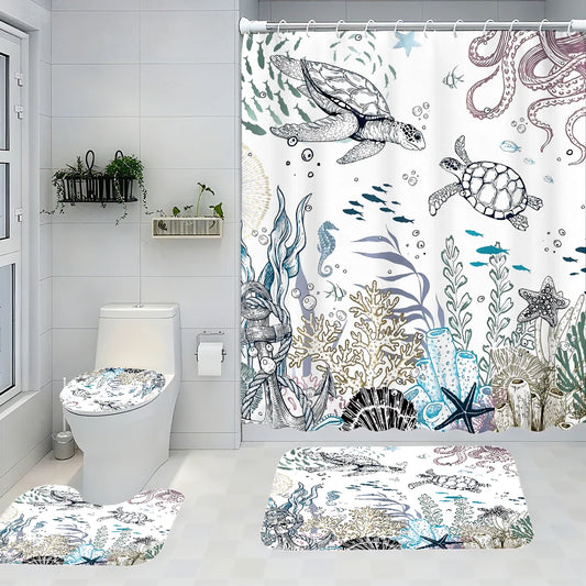 Turtle Four-Piece Bathroom Set With Waterproof Shower Curtain