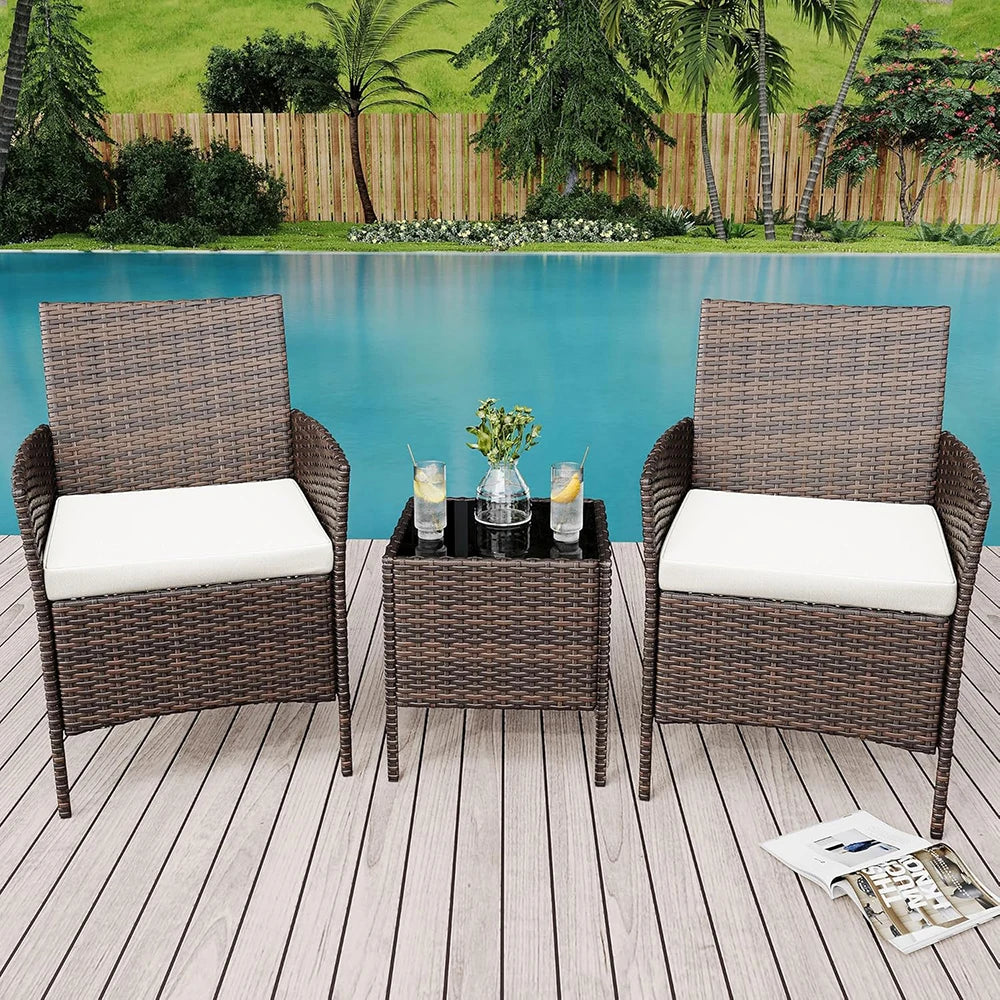 3-Piece Wicker Patio Sofa Set, All-Weather Rattan Conversation Set With Cushions & Glass Coffee Table For Garden, Porch, Lawn