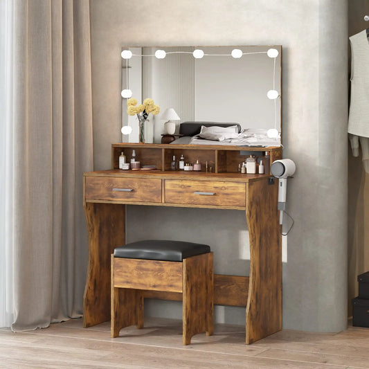 Vabches Vanity Desk With Lights Mirror And Power Outlet 2Drawer