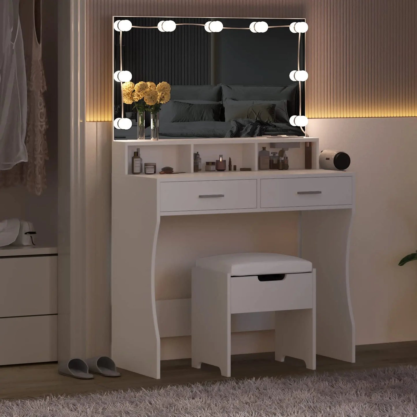 Vabches Vanity Desk With Lights Mirror And Power Outlet 2Drawer