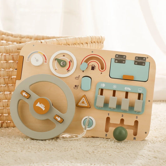 Montessori Wooden Car Steering Wheel Busy Board Early Education Toy