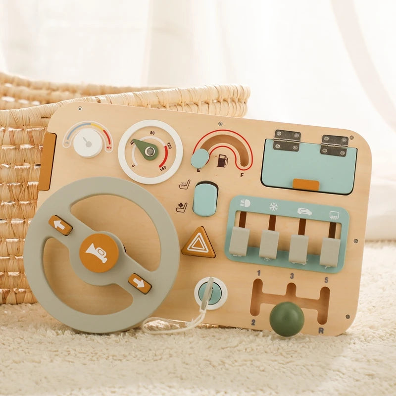 Montessori Baby Wooden Car Steering Wheel Activity Busy Board Education