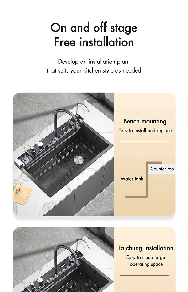 MYQualife 304 Stainless Steel Waterfall Kitchen Sink Digital Display Faucet