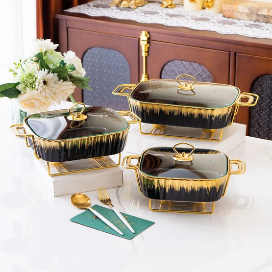 Ceramic Chafing Dishes Buffet Set 3 Piece With Gold Trim