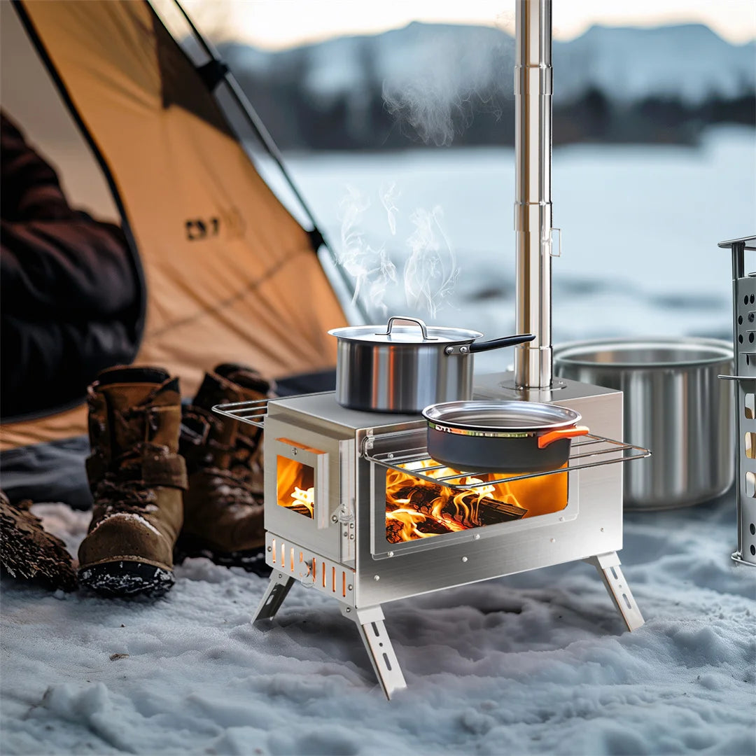 Portable Wood Burning Stove With Stainless Chimney Pipes Outdoor Cooking
