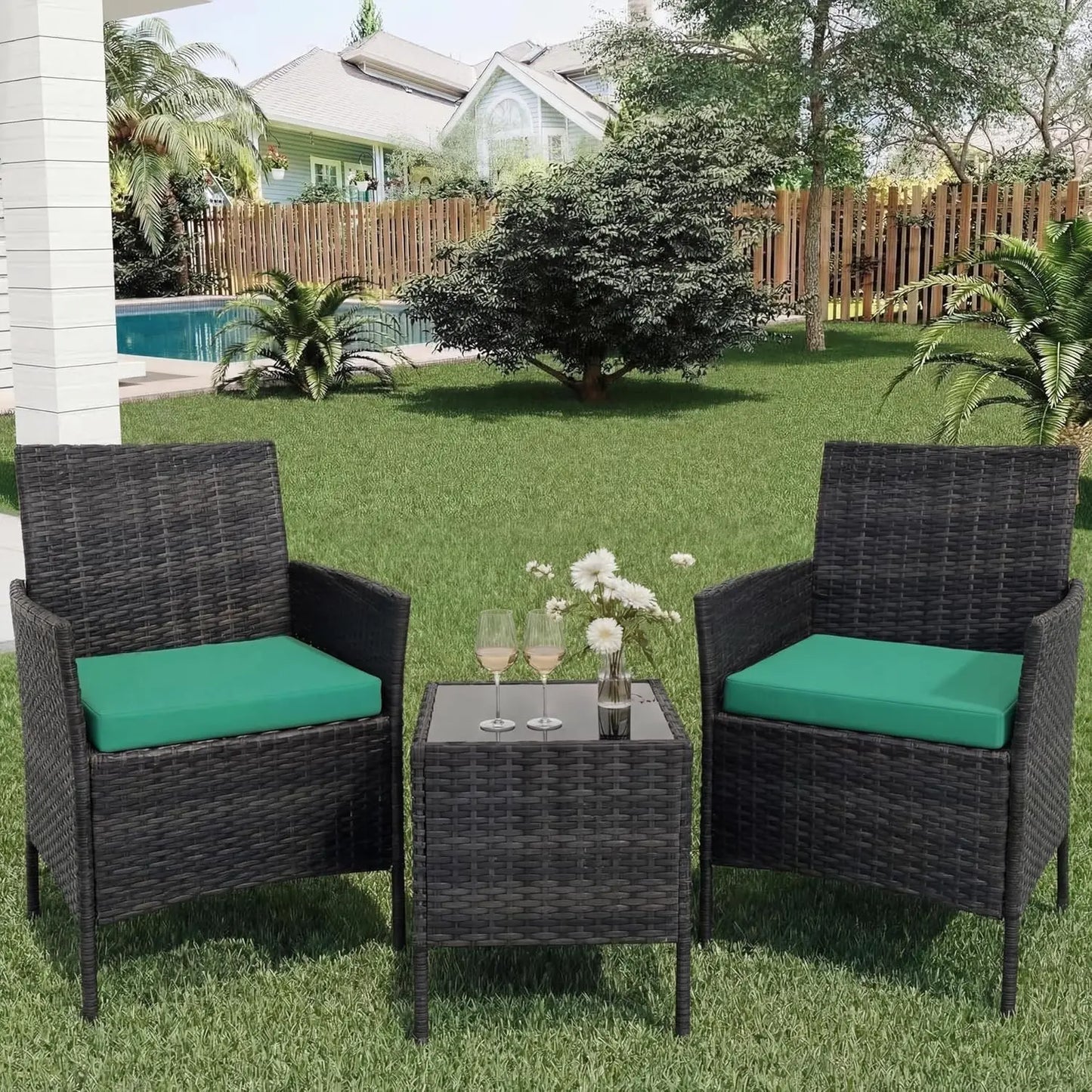 3-Piece Wicker Patio Sofa Set, All-Weather Rattan Conversation Set With Cushions & Glass Coffee Table For Garden, Porch, Lawn