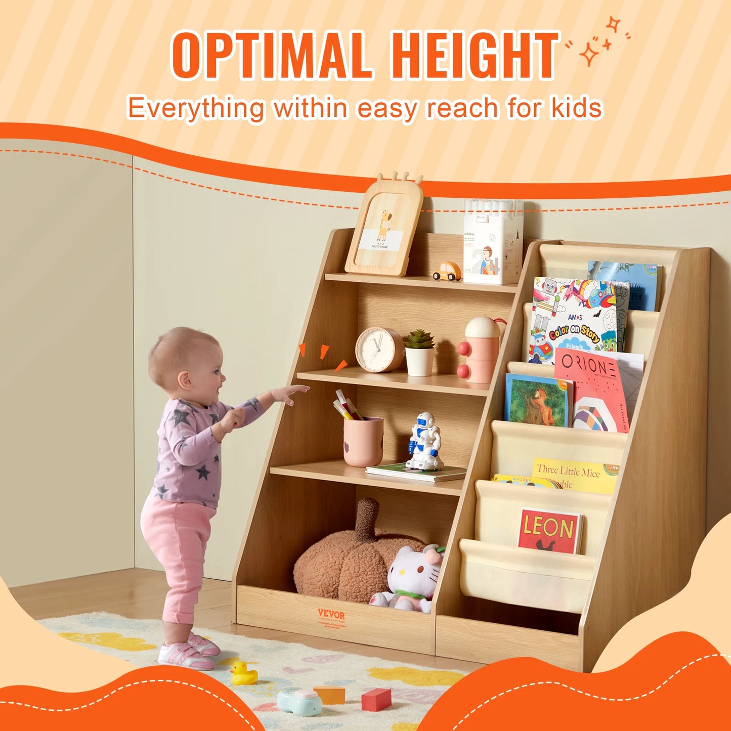 SucceBuy 4-Tier Kids Wooden Bookshelf Storage Book Rack