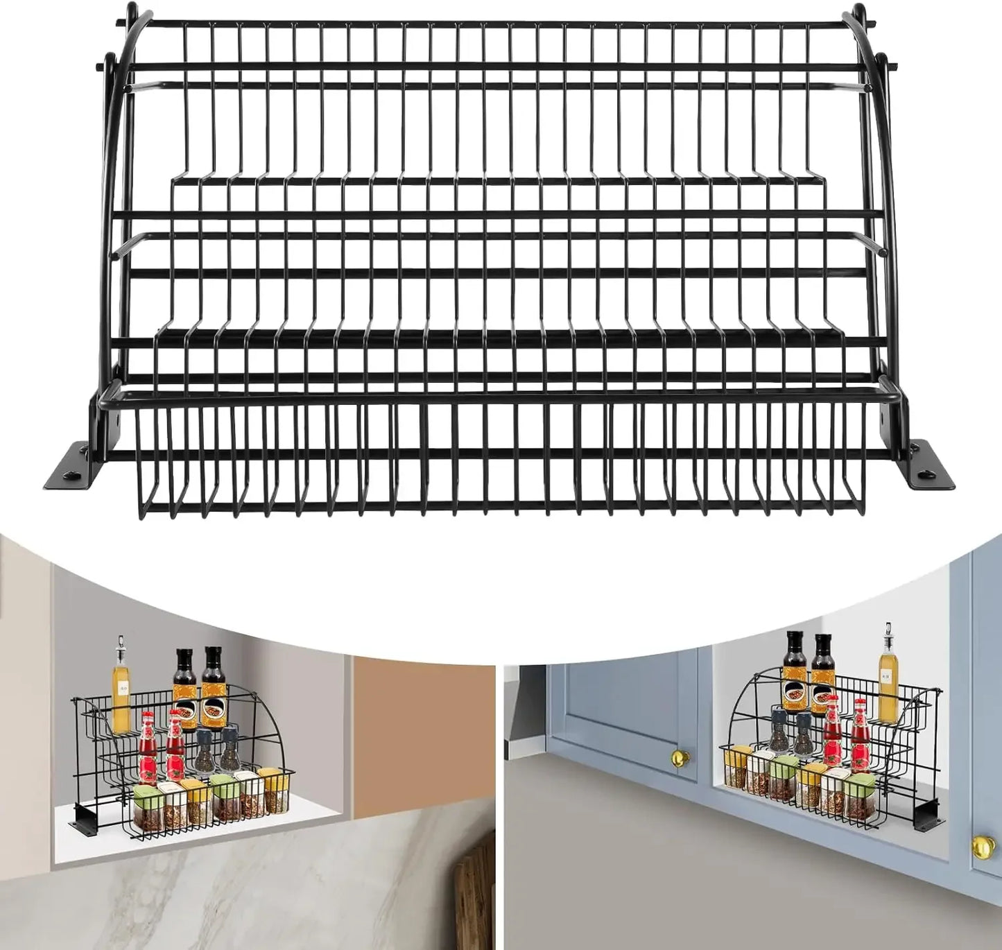 Bymaocar Three Tier Adjustable Pull Down Spice Rack Kitchen Storage