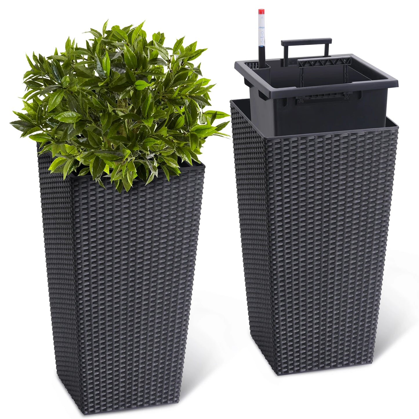16inch/22.5inch Tall Rattan Planter Set of 2 Outdoor and Indoor Plant Pots with Water Level Monitor & Wheels, Large Flower Pot