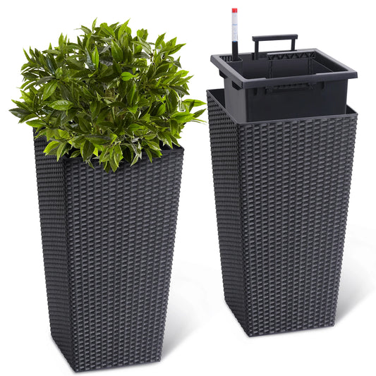 16inch/22.5inch Tall Rattan Planter Set of 2 Outdoor and Indoor Plant Pots with Water Level Monitor & Wheels, Large Flower Pot