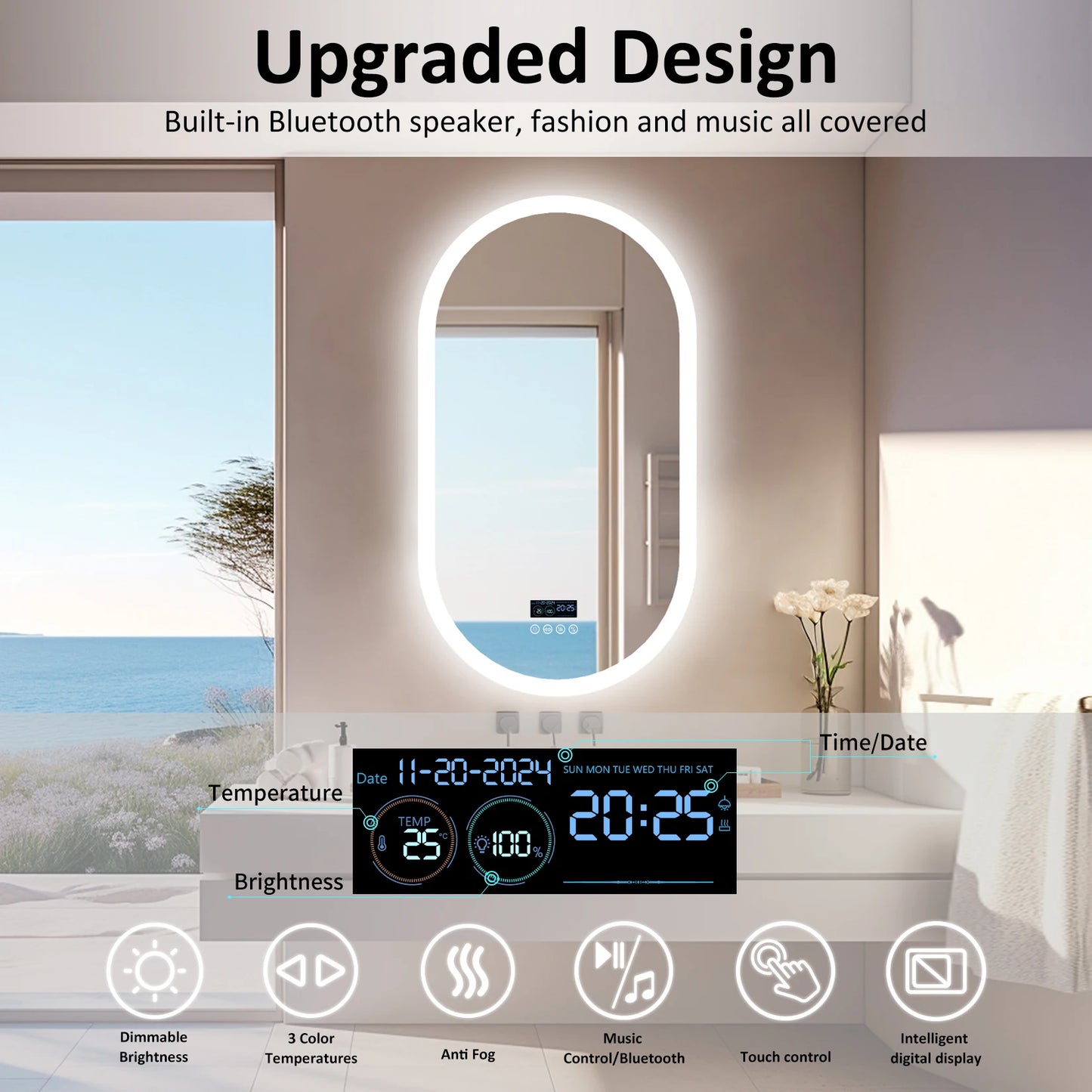 LUVODICRI LED Lighted Bluetooth Bathroom Mirror Backlit With Anti Fog