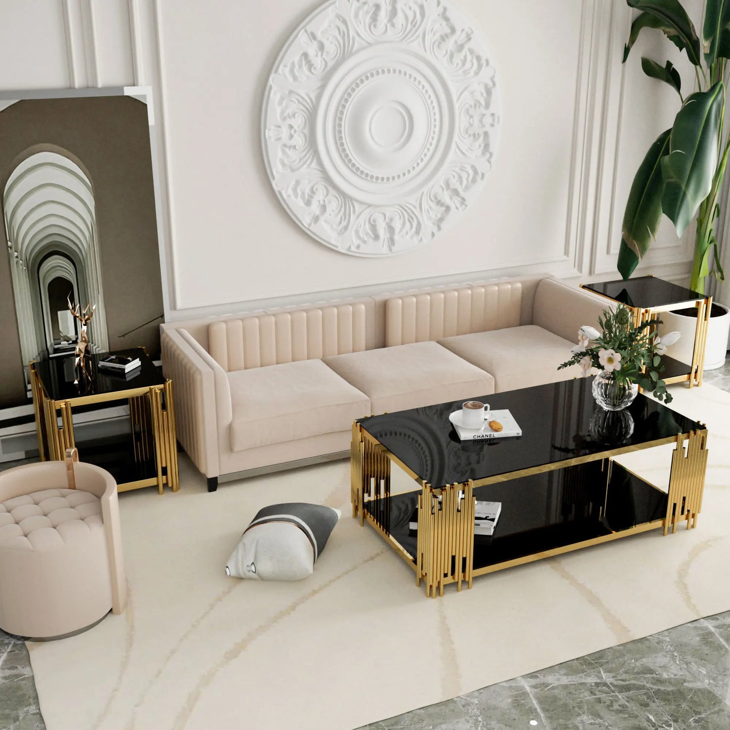 Stainless Steel Rectangle Glass Coffee Table Living Room Gold Leg