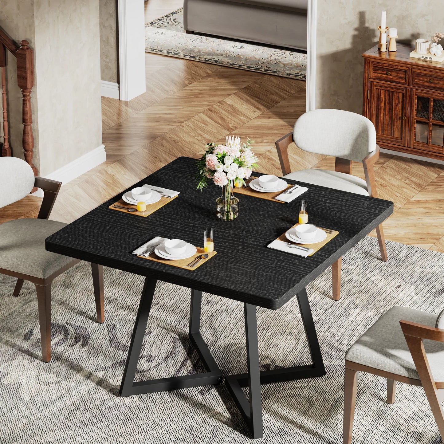 Tribesigns Square Dining Table For Four With Metal Base