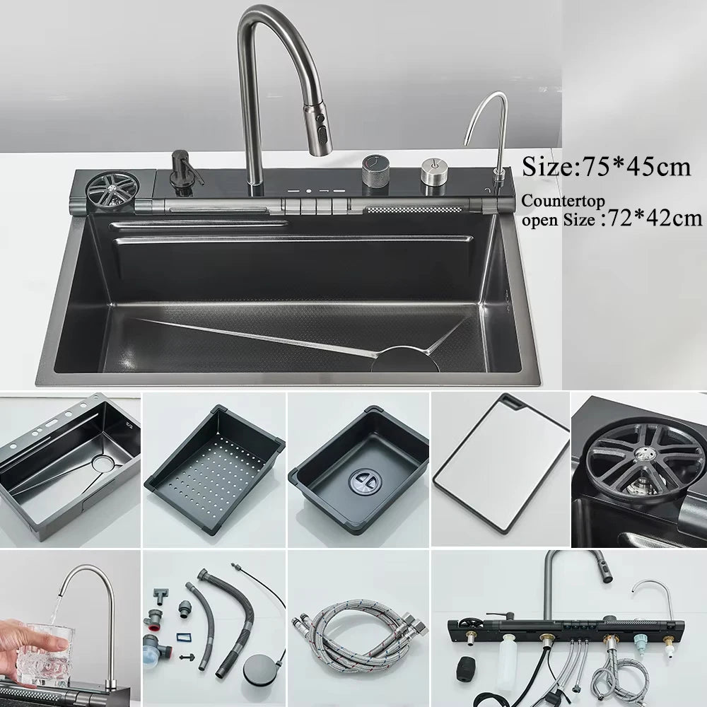 MYQualife 304 Stainless Steel Waterfall Kitchen Sink Digital Display Faucet