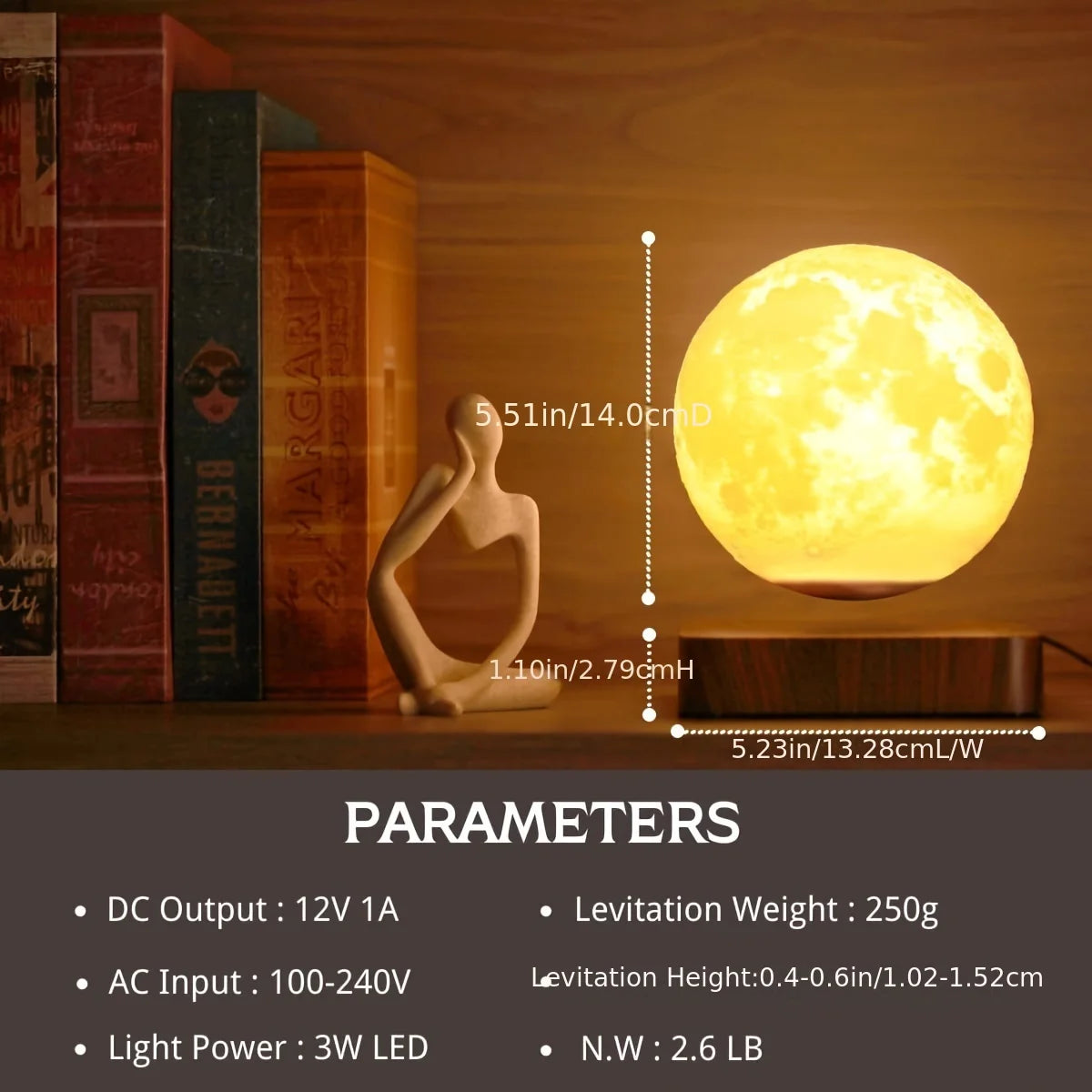 Mexllex Magnetic Floating Moon Lamp Wooden Base And 3 LEDs