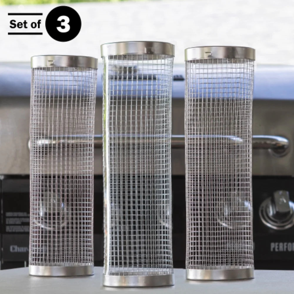Feature Stainless Steel Rolling Grill Baskets With Hooks And Forks