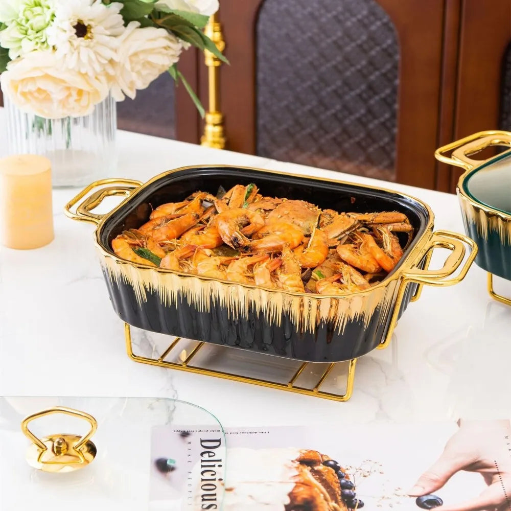 Ceramic Chafing Dishes Buffet Set 3 Piece With Gold Trim