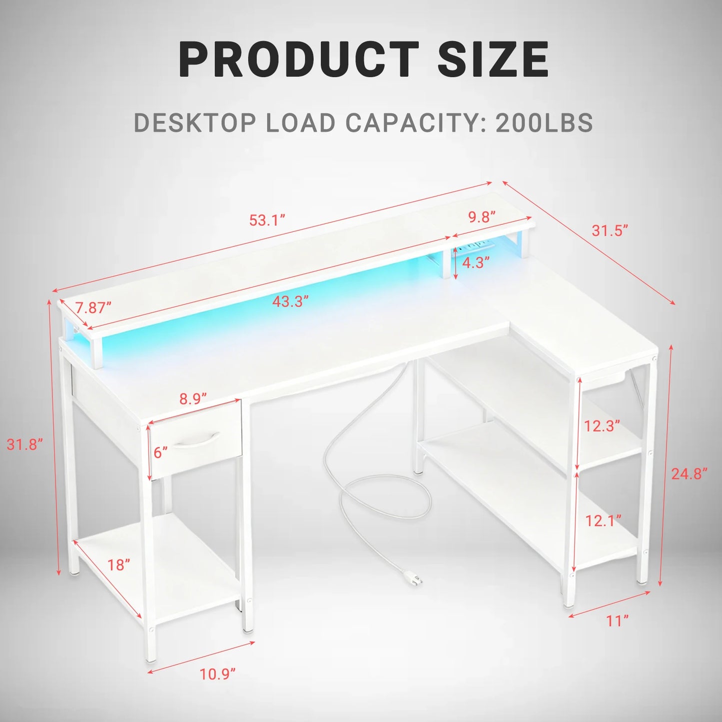 JHK L Shaped Gaming Desk With USB And LED Lighting