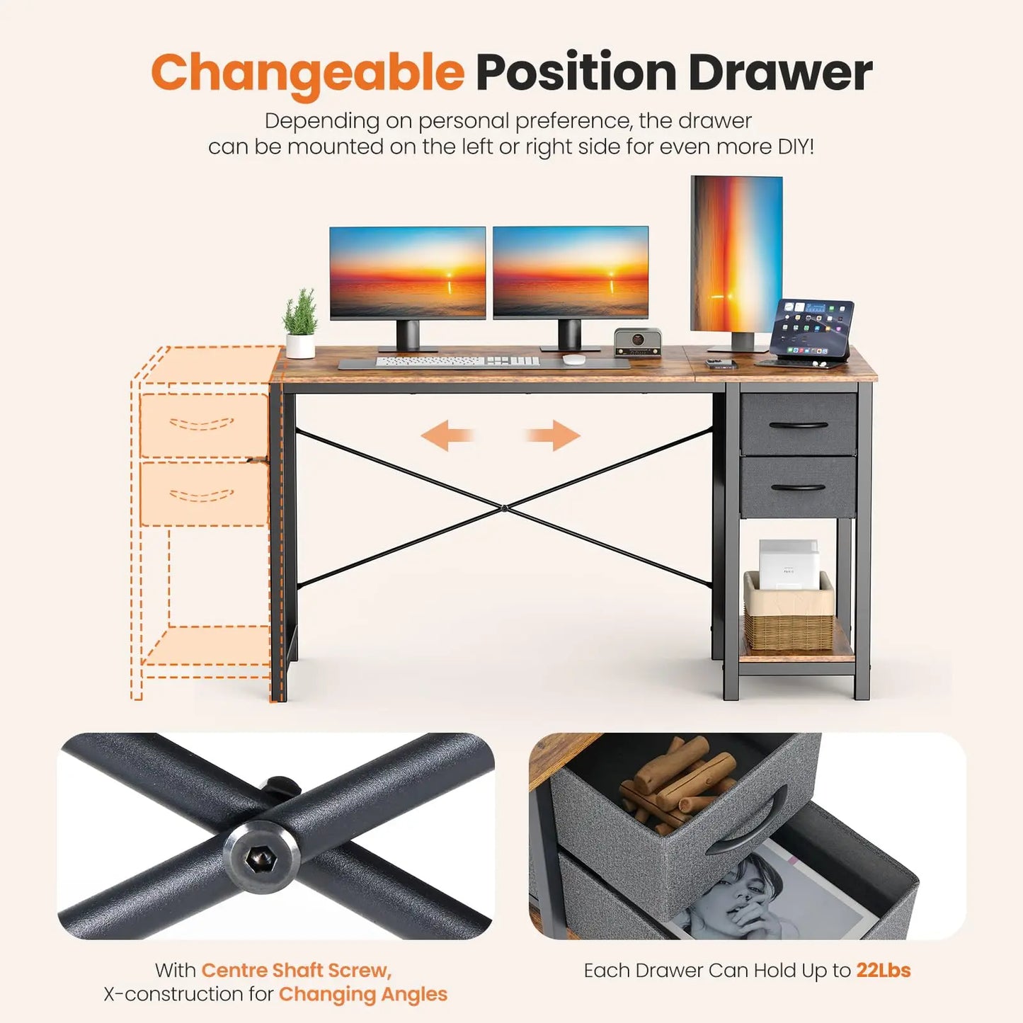 JHK Computer Desk With Adjustable Position Drawers For Study Office