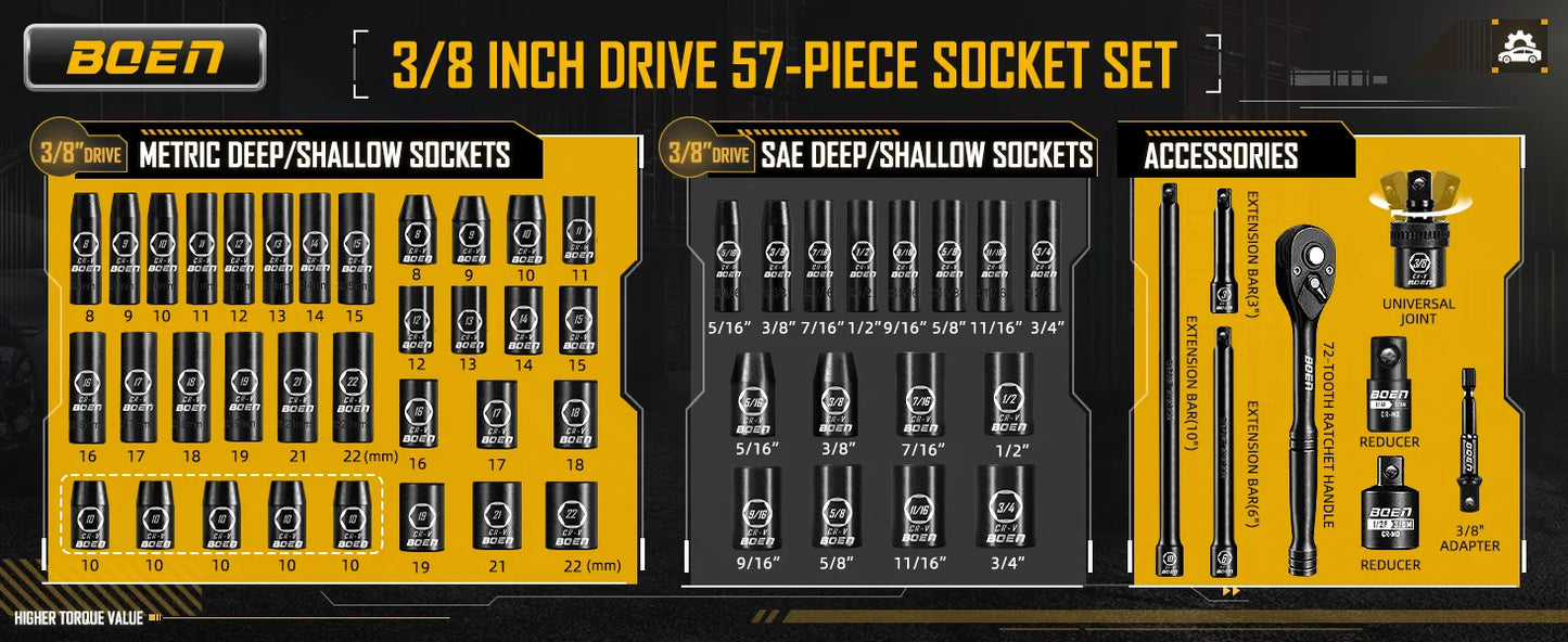 57-Piece Impact Socket Set SAE And Metric With Ratchet Handle